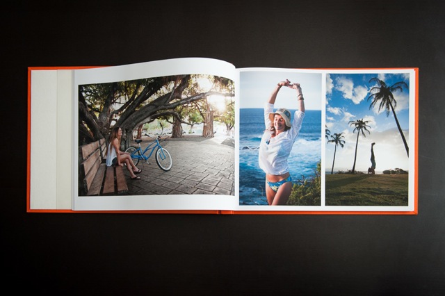 Images within Mike Tittel's portfolio book of a woman with a bicycle, a woman stretching on the beach, and a woman doing a handstand on the beach