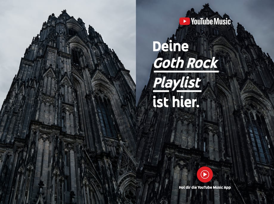 Carsten Behler's photos of a dark, gothic cathedral for YouTube music. Text translation: Here is your “Goth Rock” playlist.