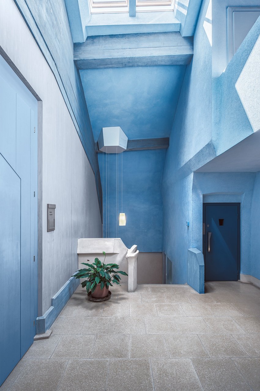 Another stairwell at the Goetheanum is shown in light blues and greys in this photo by Matthias Dengler