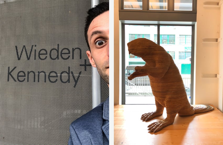 Diptych of Craig Offerman at Portland Ad Agency Wieden + Kennedy and the W+K beaver sculpture.