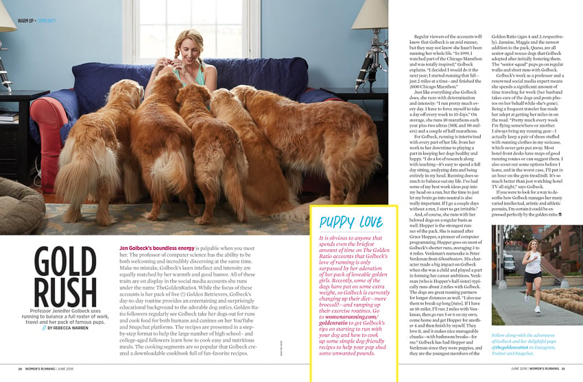 image of a spread in Women's Running magazine of Jen Golbeck by photographer Noah Willman