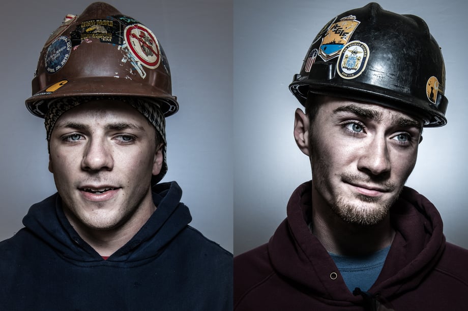 Heather's portraits of Kaleb, left, in a hoodie and hard hat and Zach, right, wearing the same