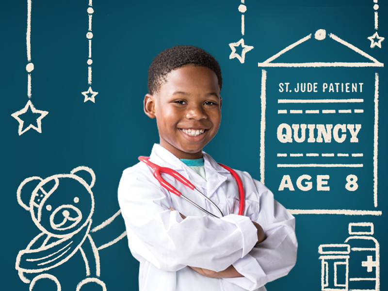 8 year old Quincy's dressed in a lab coat with a stethoscope in his St. Jude's portrait by Terri Glanger