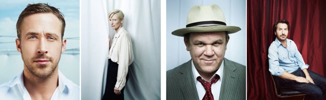 Four celebrity portraits side by side, most against a white background