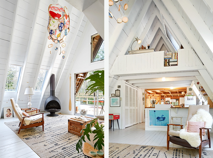Side by side photos of a white interior of an a-frame home.