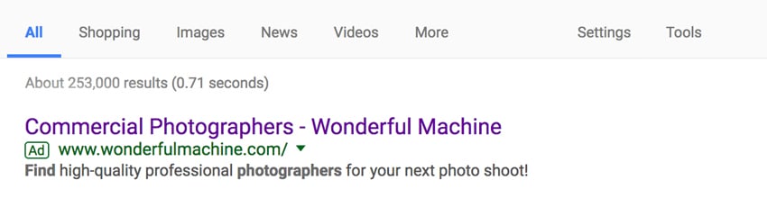 Screenshot of Wonderful Machine's Google search ad for commercial photographers in April 2017.