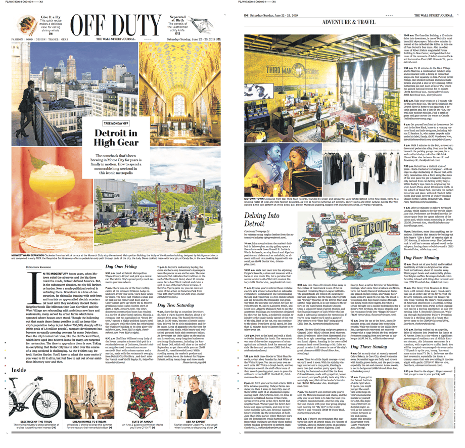 Double tear shows roughly a dozen photos from Marvin Shaouni for Off Duty, Detroit in High Gear in the Wall Street Journal