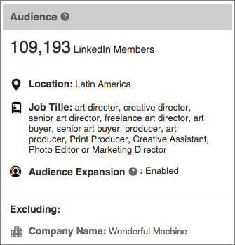 Screenshot of Wonderful Machine's targeted audience for LinkedIn ads in June 2015.
