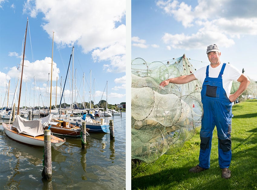 Side-by-side photos of a fisherman and boats docked on the Schlei for Landlust magazine.