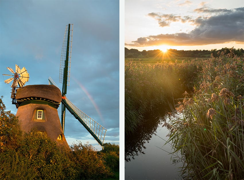 Side-by-side photo of a field at dawn and a windmill in the countryside at dusk for Landlust magazine.