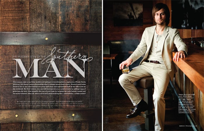 Birmingham Magazine cover featuring a man in a beige suit for their Southern Man special taken by Birmingham-based food and drink photographer Stephen DeVries.