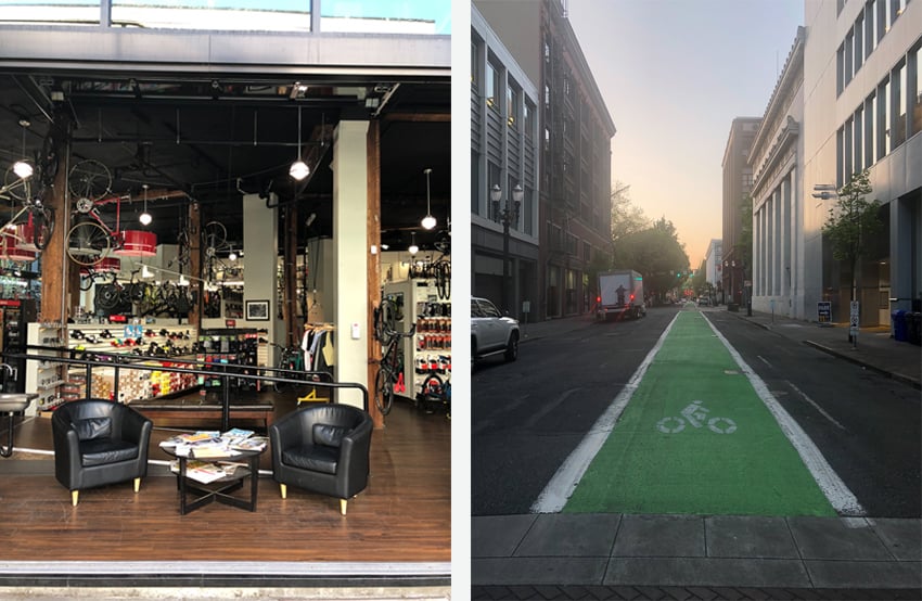 Portland's bicycle infrastructure: bike shop and bike lanes