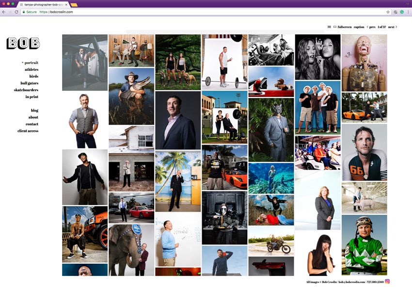 The homepage of photographer Bob Croslin's website, showing a collection of portraits