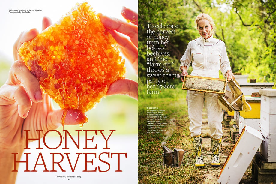 Tearsheet featuring Val Jorgensen harvesting honey from her beehives on her 65 acre farm, by Bob Stefko. 