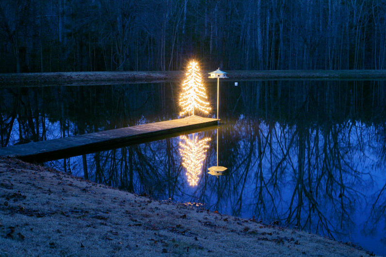 brent clark, christmas tree, christmas lights, lake, blue, landscape, wonderful machine