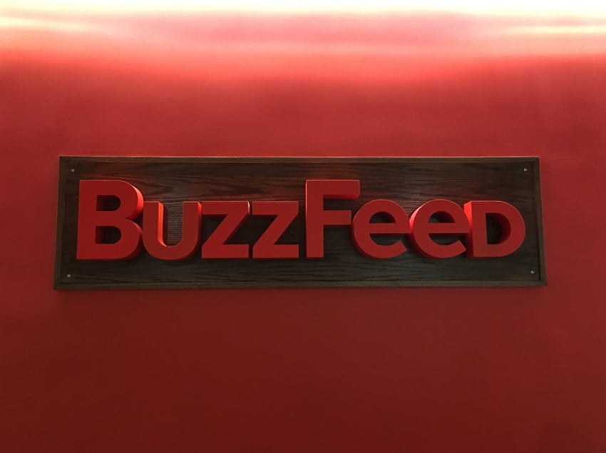 Photograph showing the Buzzfeed logo in the company's New York offices.