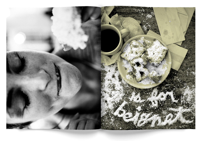 An open page of "Love Letters From New Orleans" showing a closeup of a woman (left) and an image of a B-shaped beignet with "is for beignet" spelled out in powdered sugar (right)