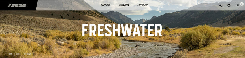 Cameron Karsten's wide banner for Sage Fly Fish shows the word freshwater superimposed on a landscape