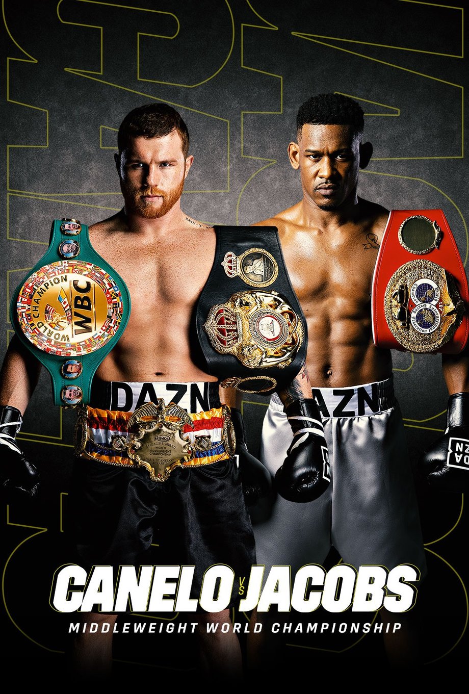 A marketing poster shows Canelo and Jacobs looking straight at the camera with championship belts draped over their shoulders