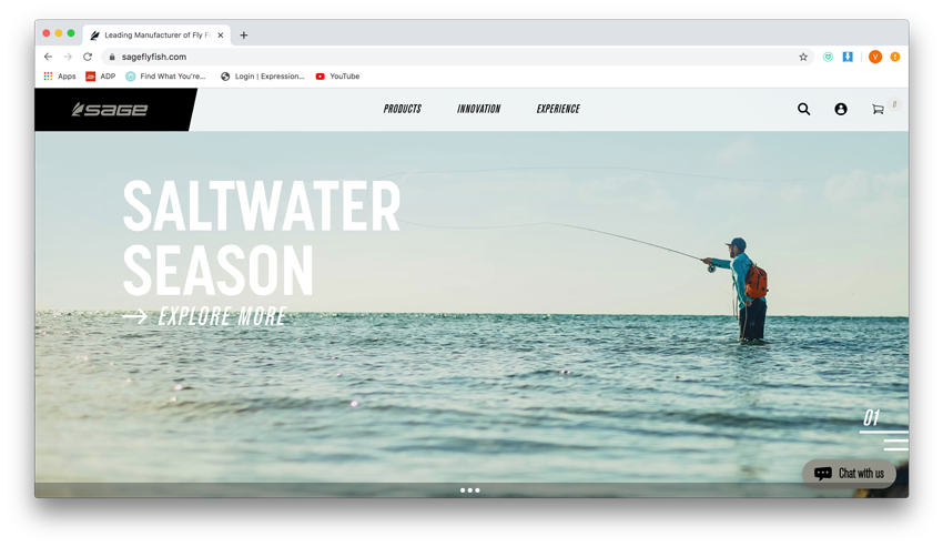 Screen shot of Sage Fly Fishing's site with an image by Cameron Karsten showing a fisherman in the water with his line cast
