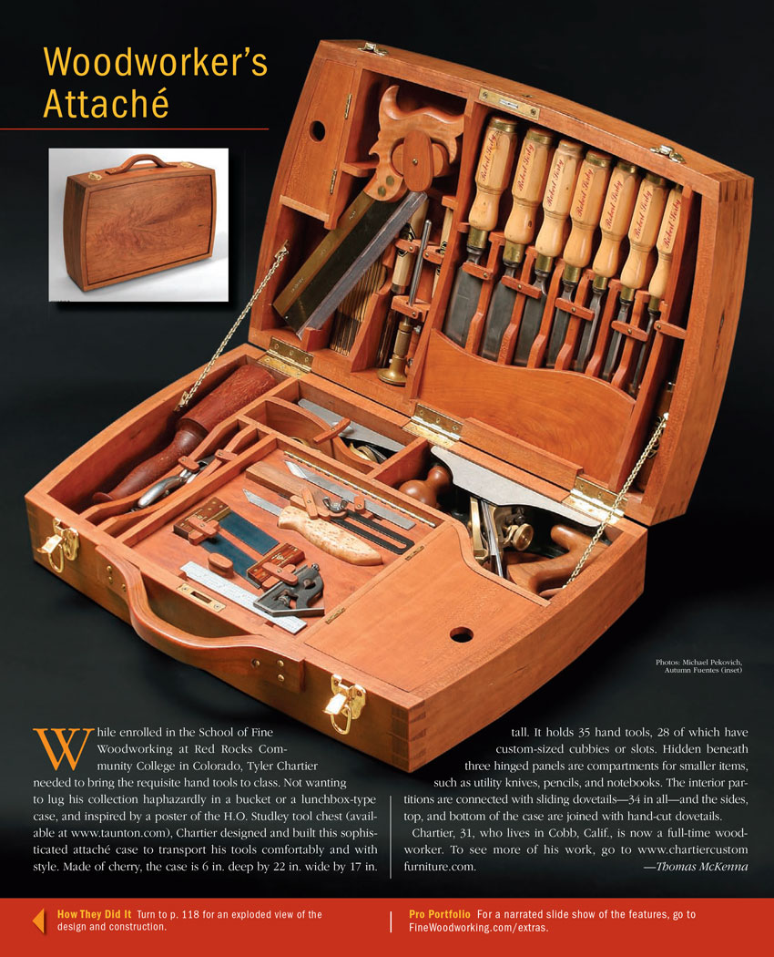Back cover of Fine Woodworking featuring attache toolchest photographed by Tyler Chartier.