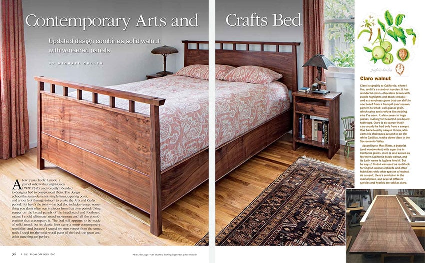 Full spread photograph of a bed by Tyler Chartier for Fine Woodworking.
