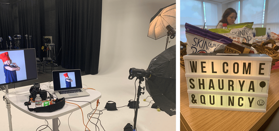 Behind the scenes at Terri Glanger's St. Jude's shoot show the monitor setup, a welcome sign, and plenty of snacks for the kids