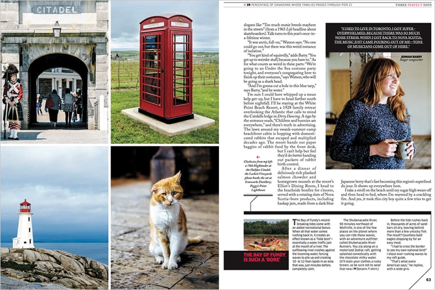 Various photos on a tearsheet showcasing a tattered tabby cat, a scenic lighthouse, a classic English photo booth,  and the Citadel tunnel with a guard standing next to it, all shot by Chris Sorensen. 