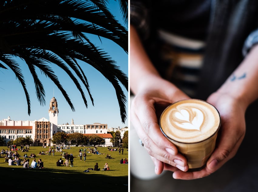 A grassy, popular park in front of a university and a person holding a latte, taken on assignment by Chris Serensen in San Fransisco