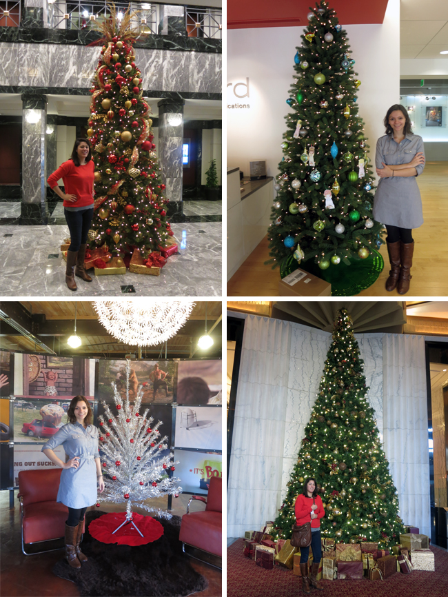 Four different Christmas trees in different lobbies