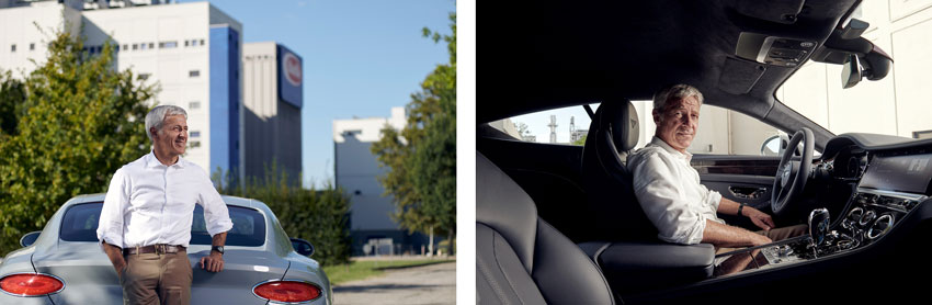 Colin Dutton's portraits of Luca Barilla with his Bentley. Left is the car's exterior and on the right, the interior