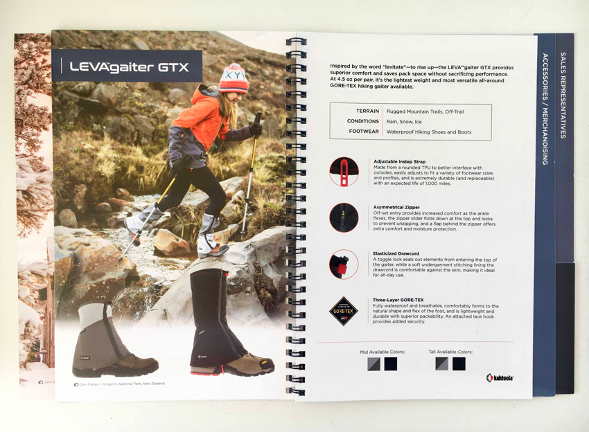 Shot of Coni herself hiking across a river in hiking gear as shown in the Kahtoola catalog.