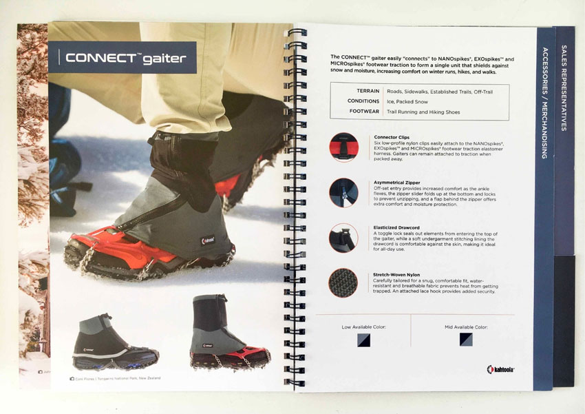 Photo of winter boots and related gear by Coni Flores for a Kahtoola catalog double page spread