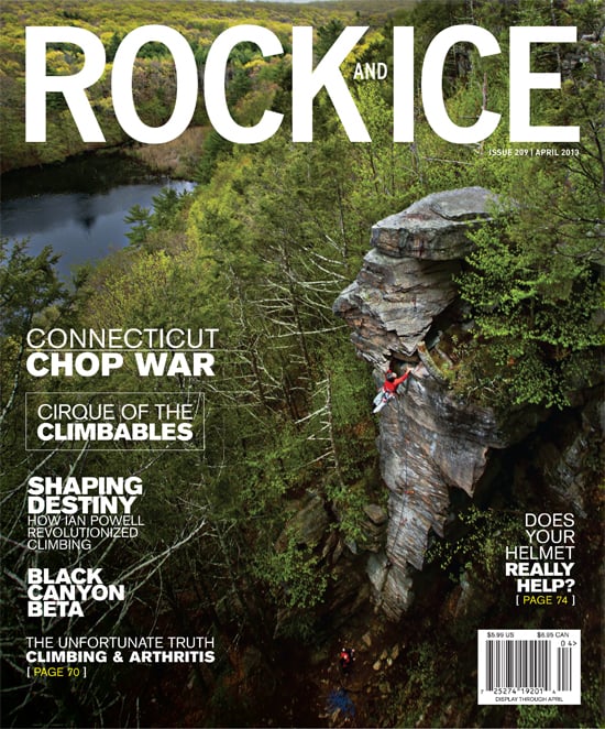 photo of a climbing rock on the April 2013 cover of Rock and Ice taken by New Haven-based adventure and outdoor photographer Christopher Beauchamp.