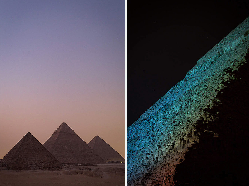 3 pyramids against a purple and orange sky (left) and a pyramid with a blue and yellow glow against the dark night sky