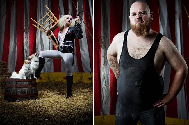 Two photo image of a woman ringmaster with dogs and a man in a tank top; photography by David E. Jackson