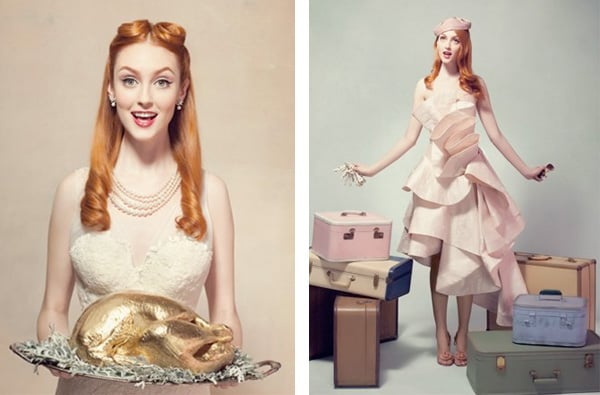 Woman with a golden turkey (left) and with luggage (right) shot by photographer Dean Alexander
