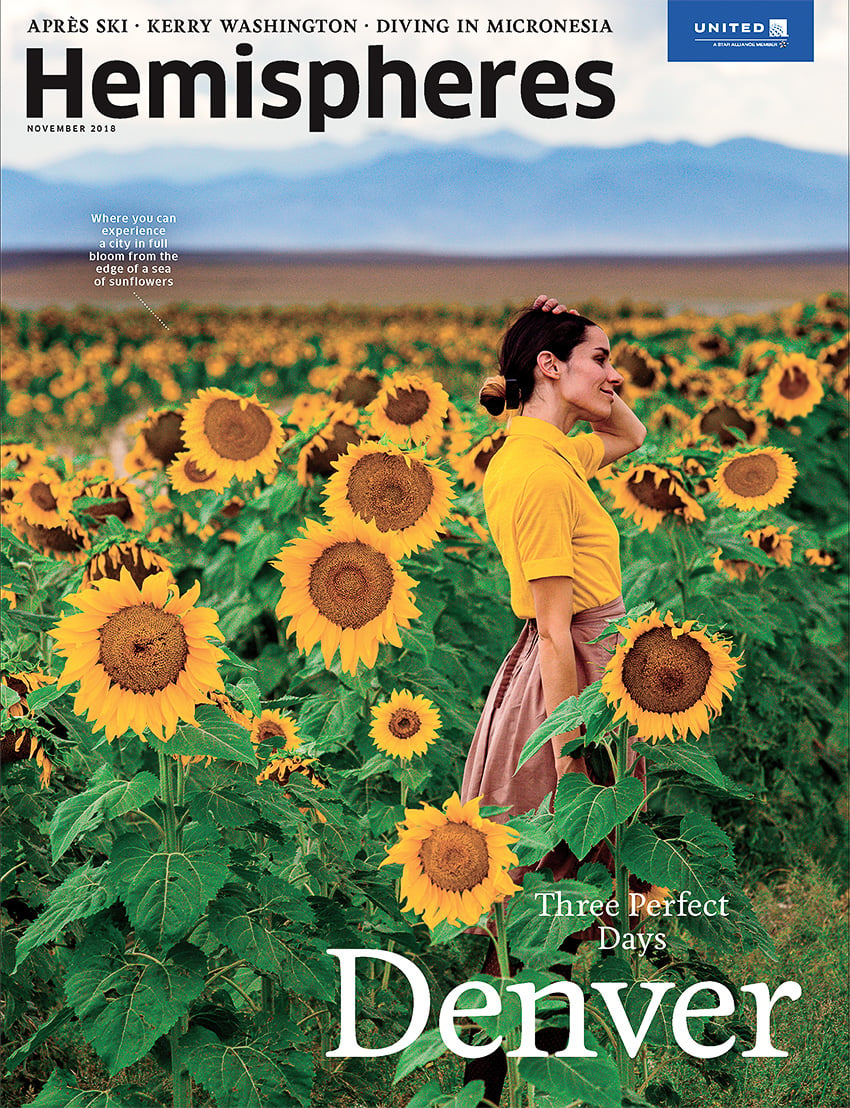 Hemispheres cover of woman in sunflower field shot by Rebecca Stumpf