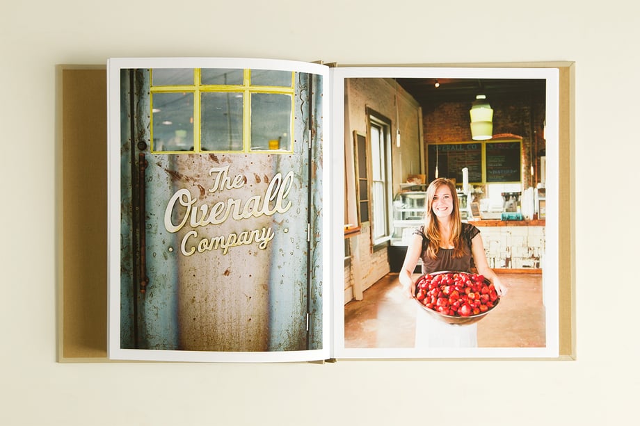 An image of the front door of "The Overall Company" anf next to it, an image of a happy woman holding a bowl of strawberries, as seen in Stephen DeVries' portfolio. 