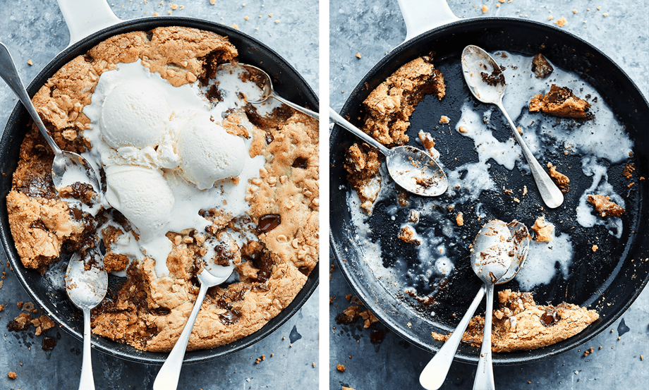Colin Price's shots of a skillet cookie topped with ice cream. The second photo shows an empty skillet with dirty spoons