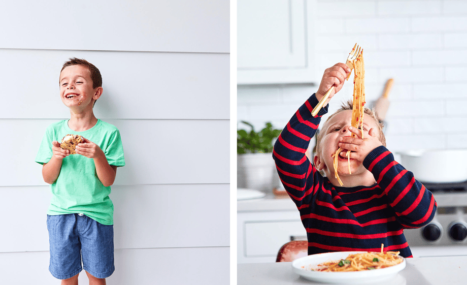Maria's sons, Caleb and Maxwell eat an ice cream sandwich and a plateful of spaghetti in these photos by Colin Price