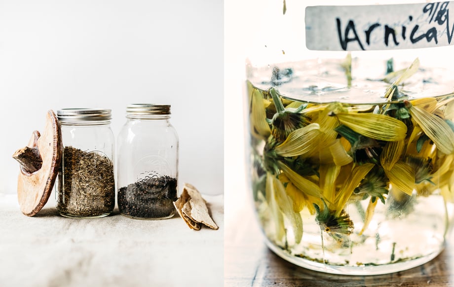 Michael Piazza's simple photos of jars holding dried herbs, left, and a jar with arnica tincture, right