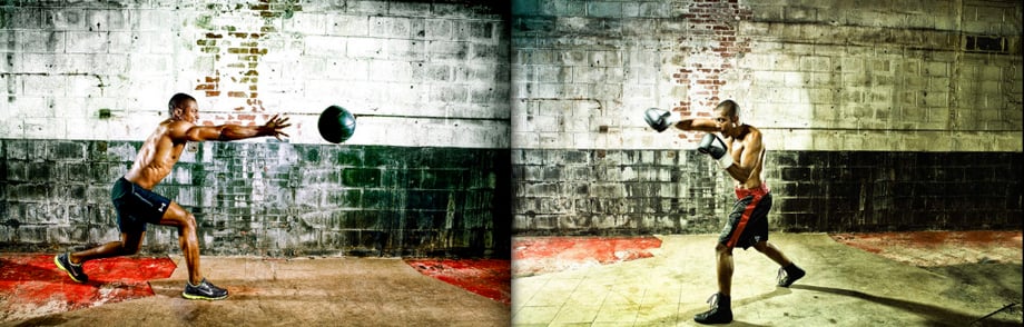 Two photos side by side show a person working out; on the left, he throws a ball; on the right, he is punching the air