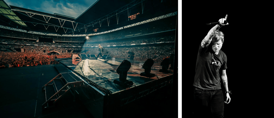 (L) Christie Goodwin's shot of Ed Sheeran onstage in front of a crowd (R) Ed Sheeran points to the crowd