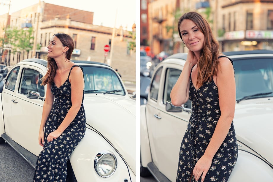 Two photos by David Giral of Brittany standing next to a vintage VW Beetle