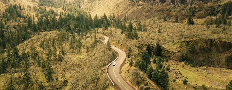 Drone photo of a winding road in the Columbia Gorge by Steve Utaski.