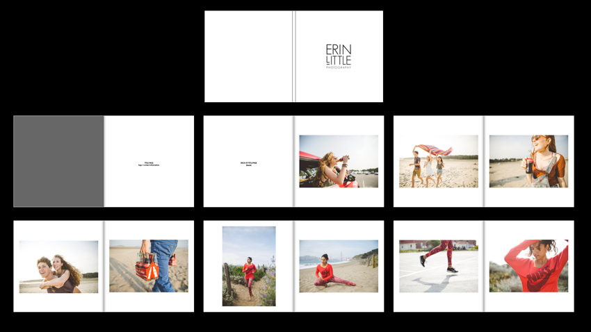 Photos of Erin Little’s Commercial book opened and showing lifestyle photography.