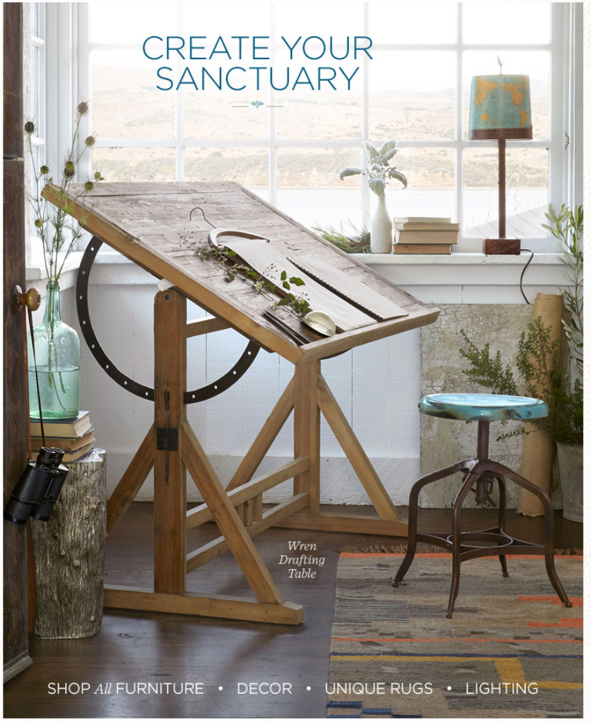 sundance catalog, create your sanctuary, evan sklar photography, wren drafting table, salon bleu glass pendants