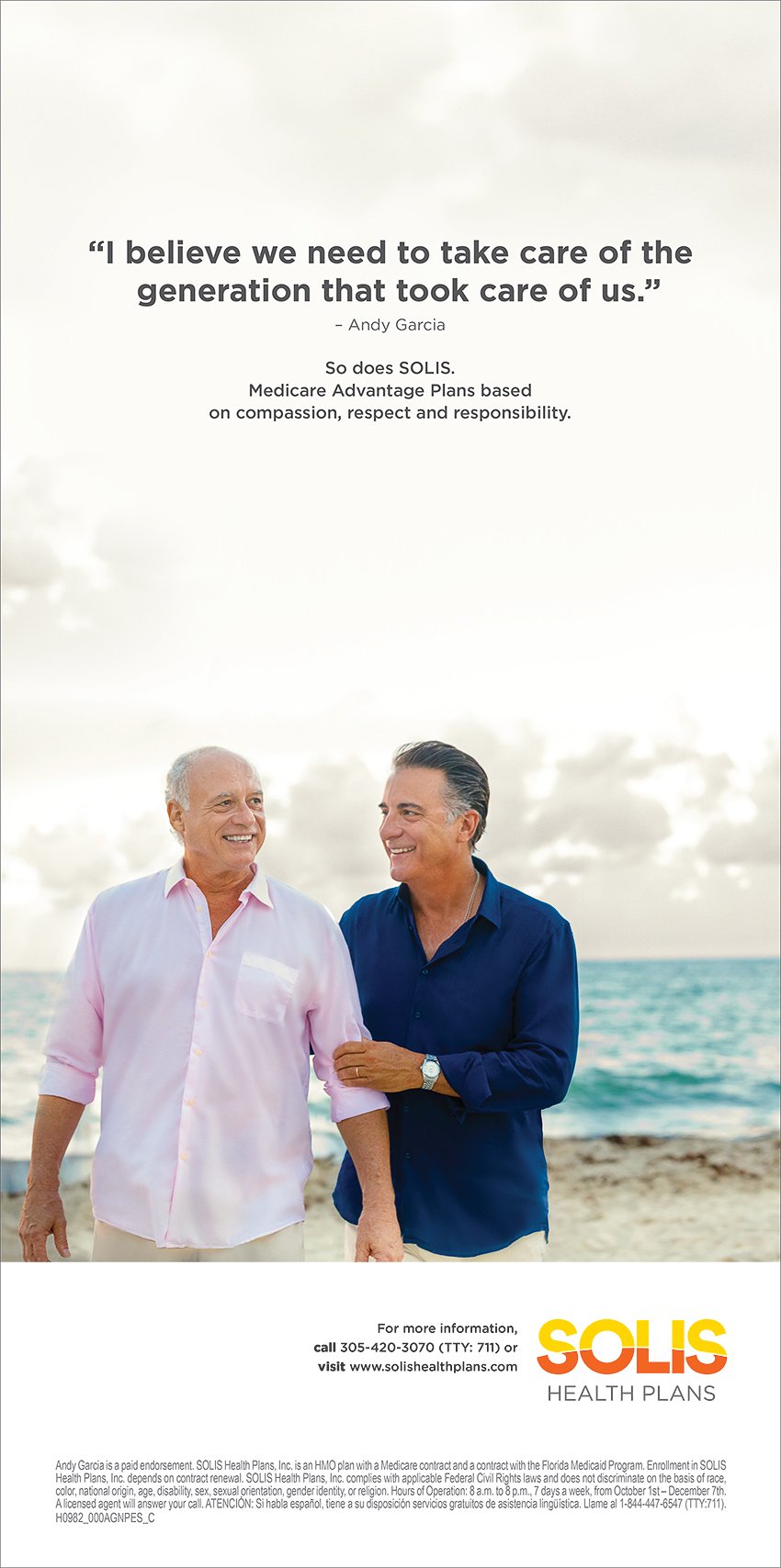 Tearsheet advertising Solis Health featuring a photo by Steve Boxall showing Andy Garcia walking on a beach supporting an older man.