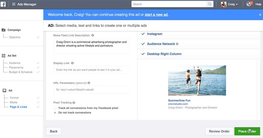 Screengrab of Facebook's page and links for ads settings.